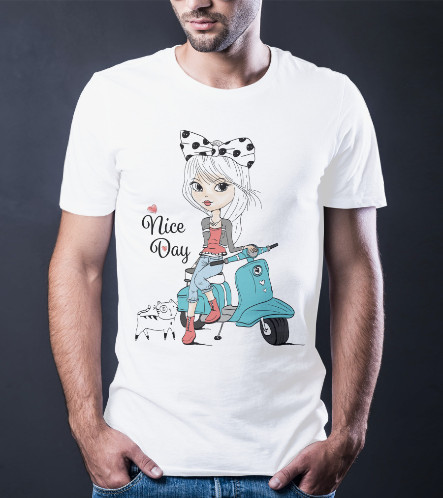 Nice Day Scooter Girl With Polka Dot Bow And Cute Cat T-Shirt