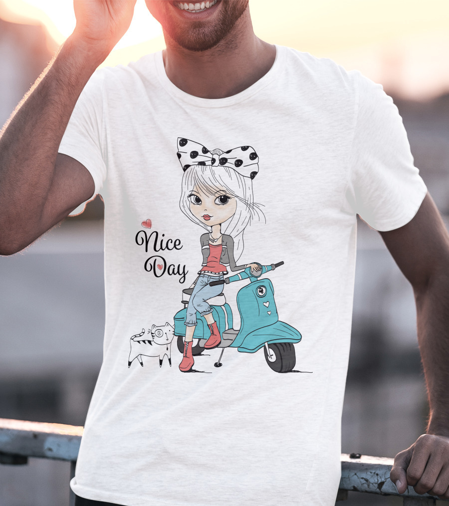 Nice Day Scooter Girl With Polka Dot Bow And Cute Cat T-Shirt