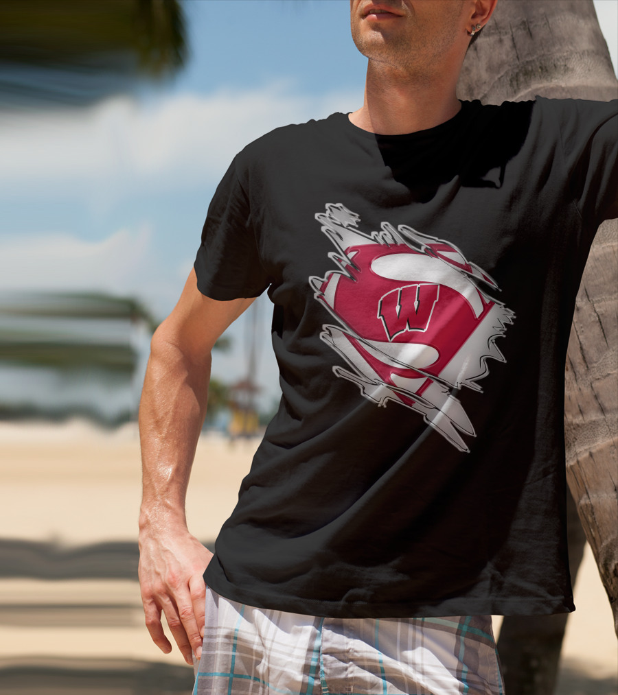 Wisconsin Badgers Super Man Emblem With W Inside Torn Fabric Effect T-Shirt