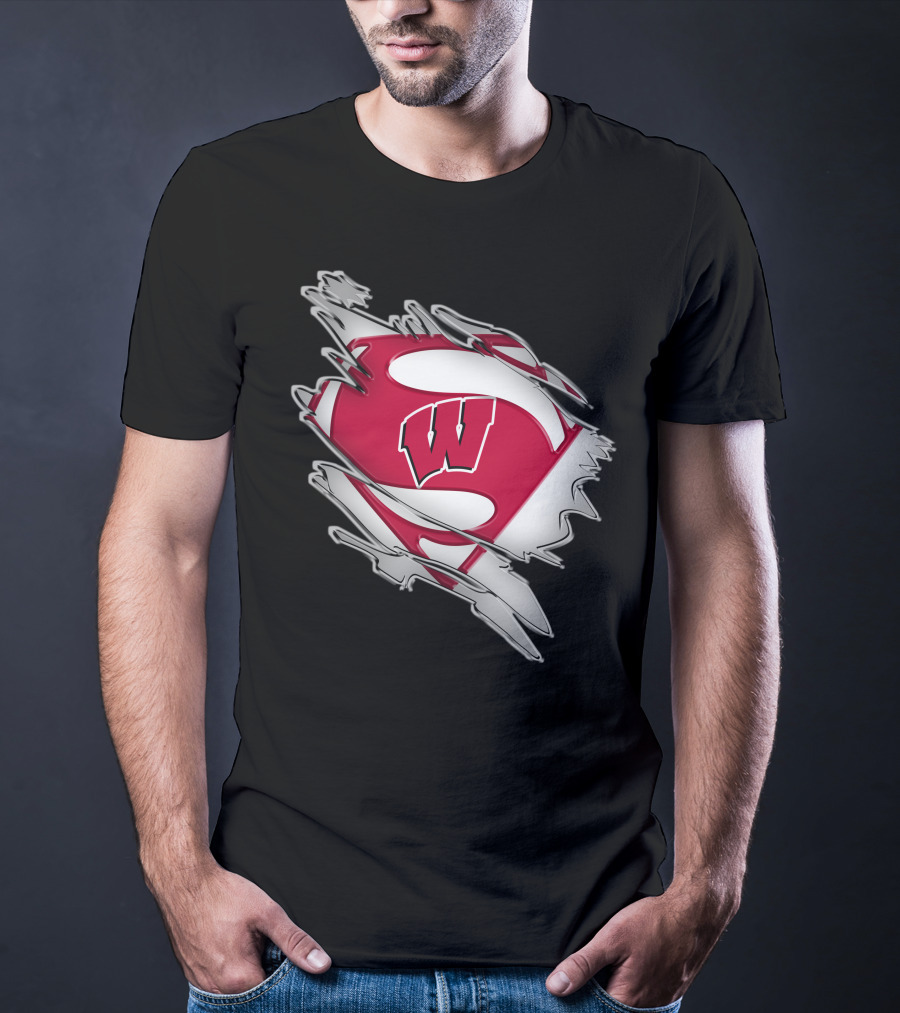 Wisconsin Badgers Super Man Emblem With W Inside Torn Fabric Effect T-Shirt