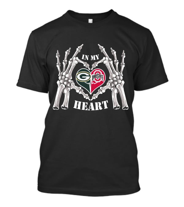 In My Heart Green Bay Packers Ohio State Buckeyes Bone Hands Heart T-Shirt