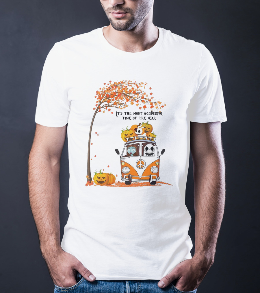 Jack Skellington Pumpkin It's The Most Wonderful Time Of The Year Autumn Van With Pumpkins And Tree T-Shirt