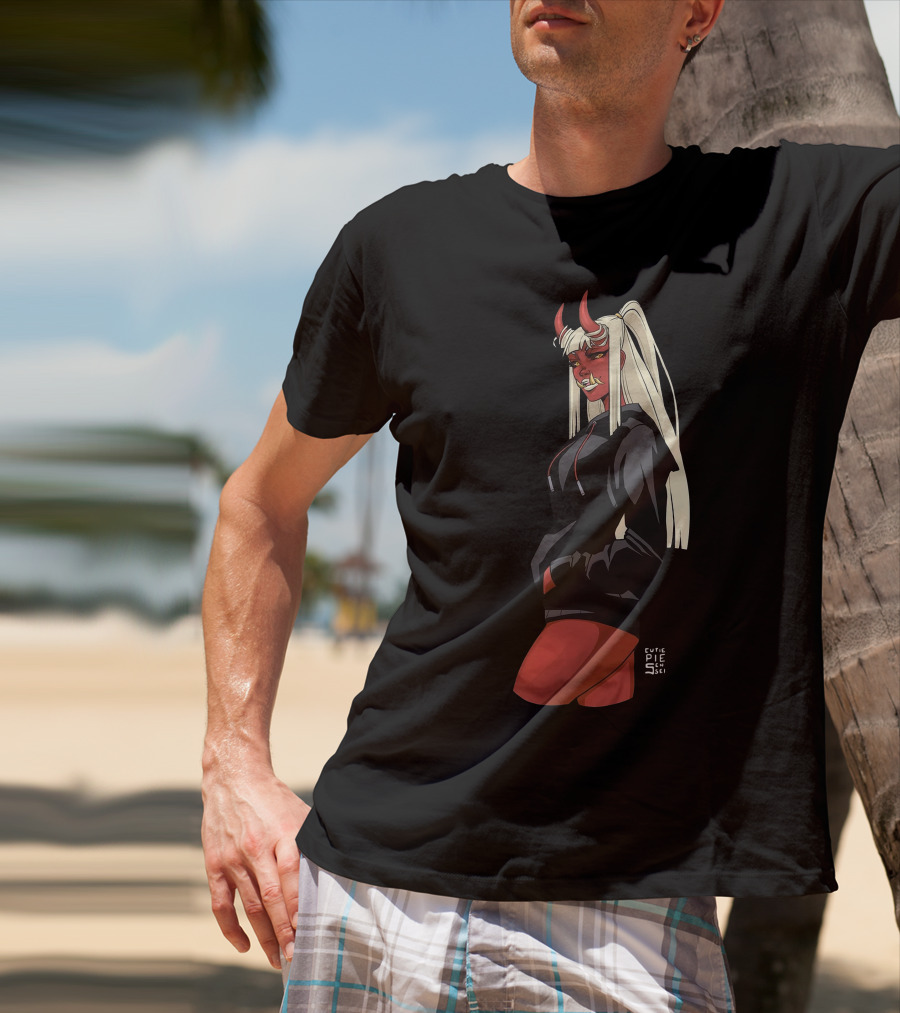 Cutie Pie Sensei X Redpop Oni Chan Demon Girl In Black Hoodie With Red Horns And Long Blonde Hair T-Shirt