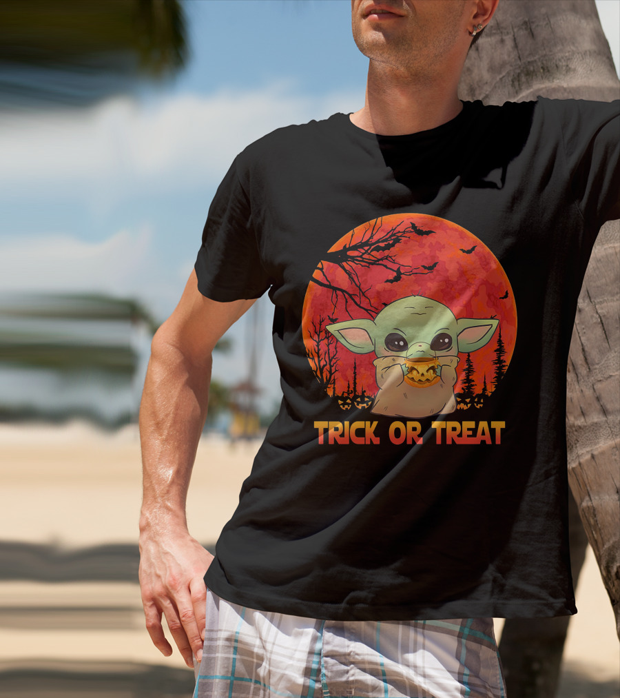 Halloween Baby Yoda Trick Or Treat Moon Pumpkin Forest T-Shirt