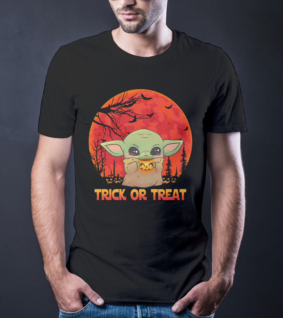 Halloween Baby Yoda Trick Or Treat Moon Pumpkin Forest T-Shirt