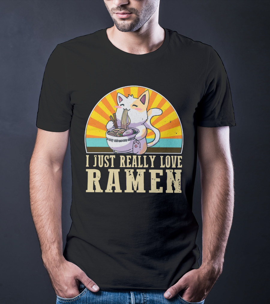Cat Enjoying Ramen With Sunburst Background Graphics T-Shirt