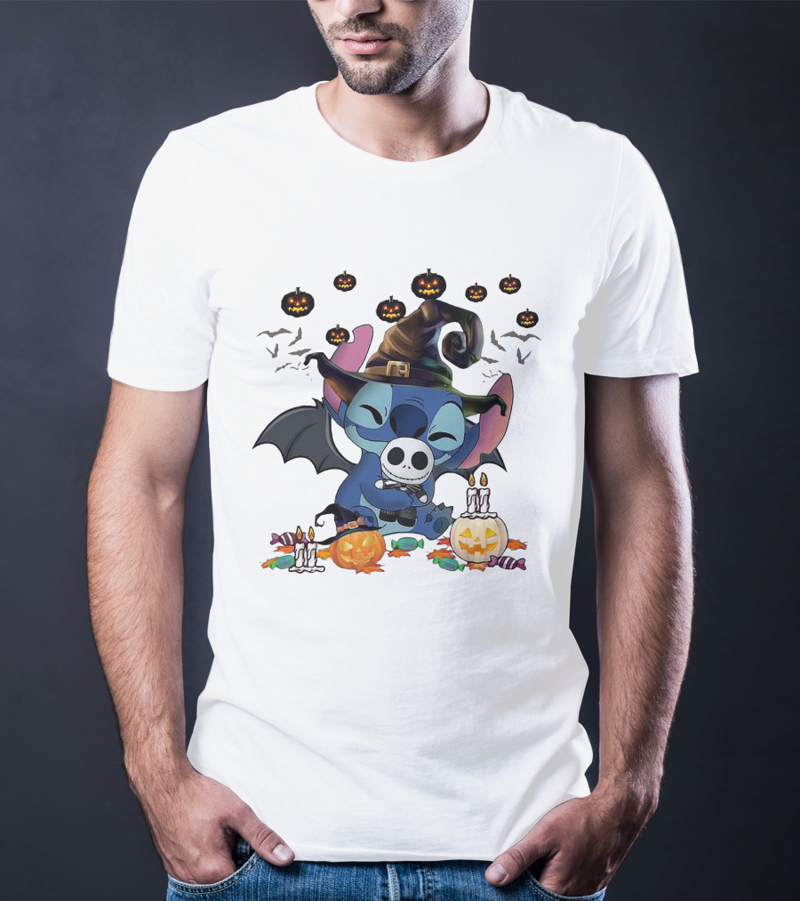 Halloween Stitch With Jack Skellington Mask And Bats T-Shirt