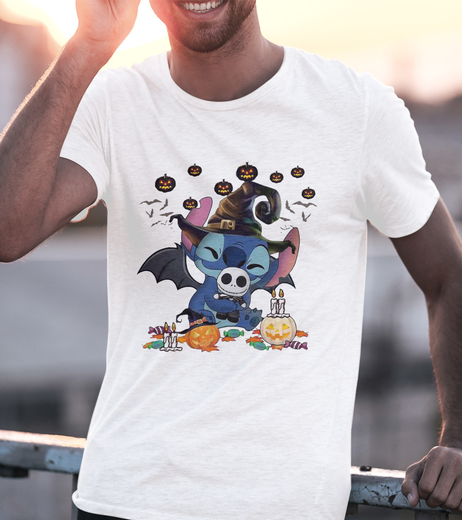 Halloween Stitch With Jack Skellington Mask And Bats T-Shirt