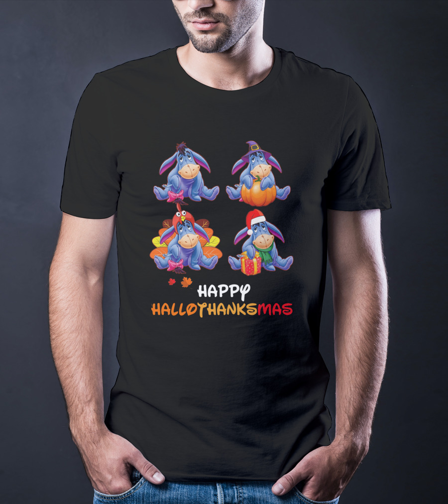 Eeyore Happy Hallothanksmas With Festive Seasonal Teal Accents T-Shirt