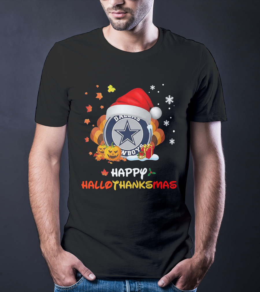 Happy Hallothanksmas Dallas Cowboys Pumpkin Santa Leaves Snowflakes T-Shirt