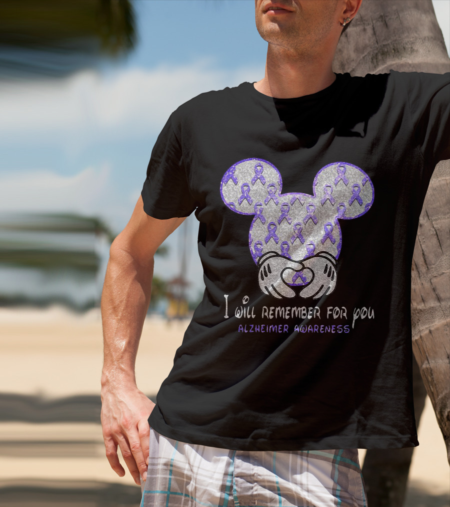 I Will Remember For You Alzheimer Awareness Mickey Pattern With Purple Ribbons T-Shirt
