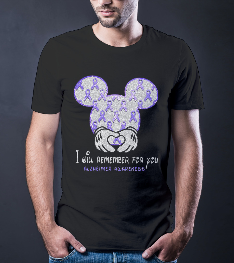 I Will Remember For You Alzheimer Awareness Mickey Pattern With Purple Ribbons T-Shirt