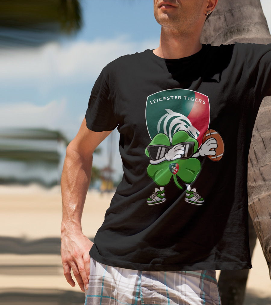 Leicester Tigers Shamrock Mascot Holding Rugby Ball T-Shirt