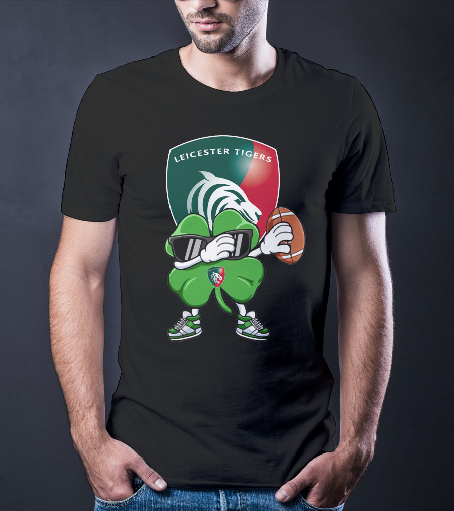 Leicester Tigers Shamrock Mascot Holding Rugby Ball T-Shirt