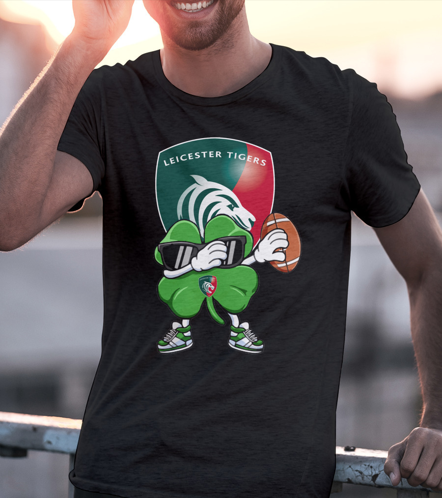 Leicester Tigers Shamrock Mascot Holding Rugby Ball T-Shirt