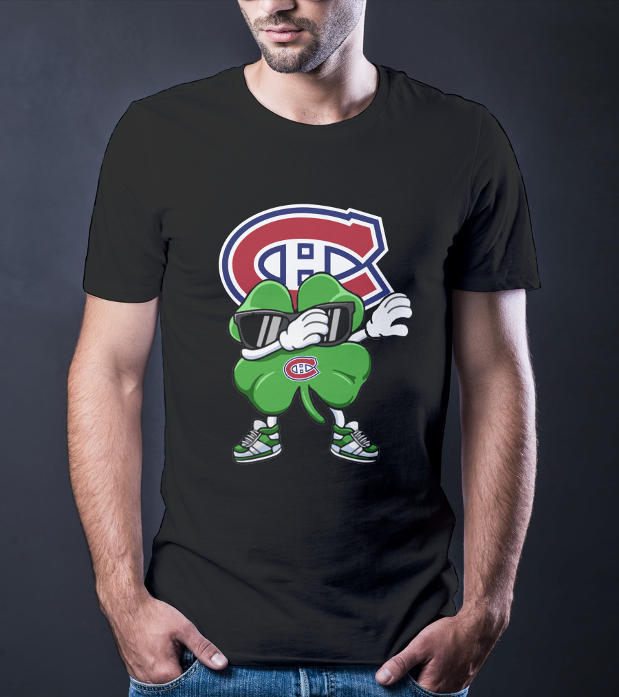 Montreal Canadiens Logo With Dabbing Four-Leaf Clover Wearing Sneakers And Sunglasses T-Shirt