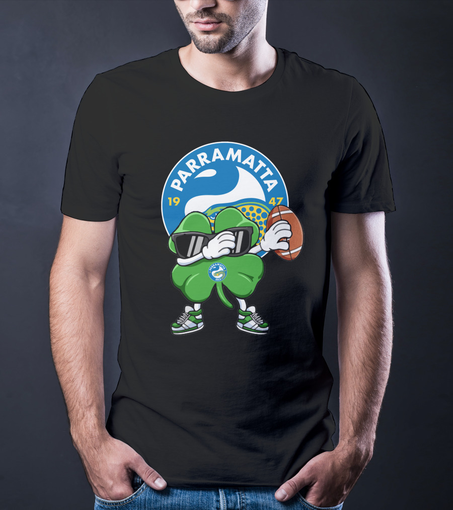 Parramatta Eels 1947 Clover Mascot With Football And Sunglasses T-Shirt