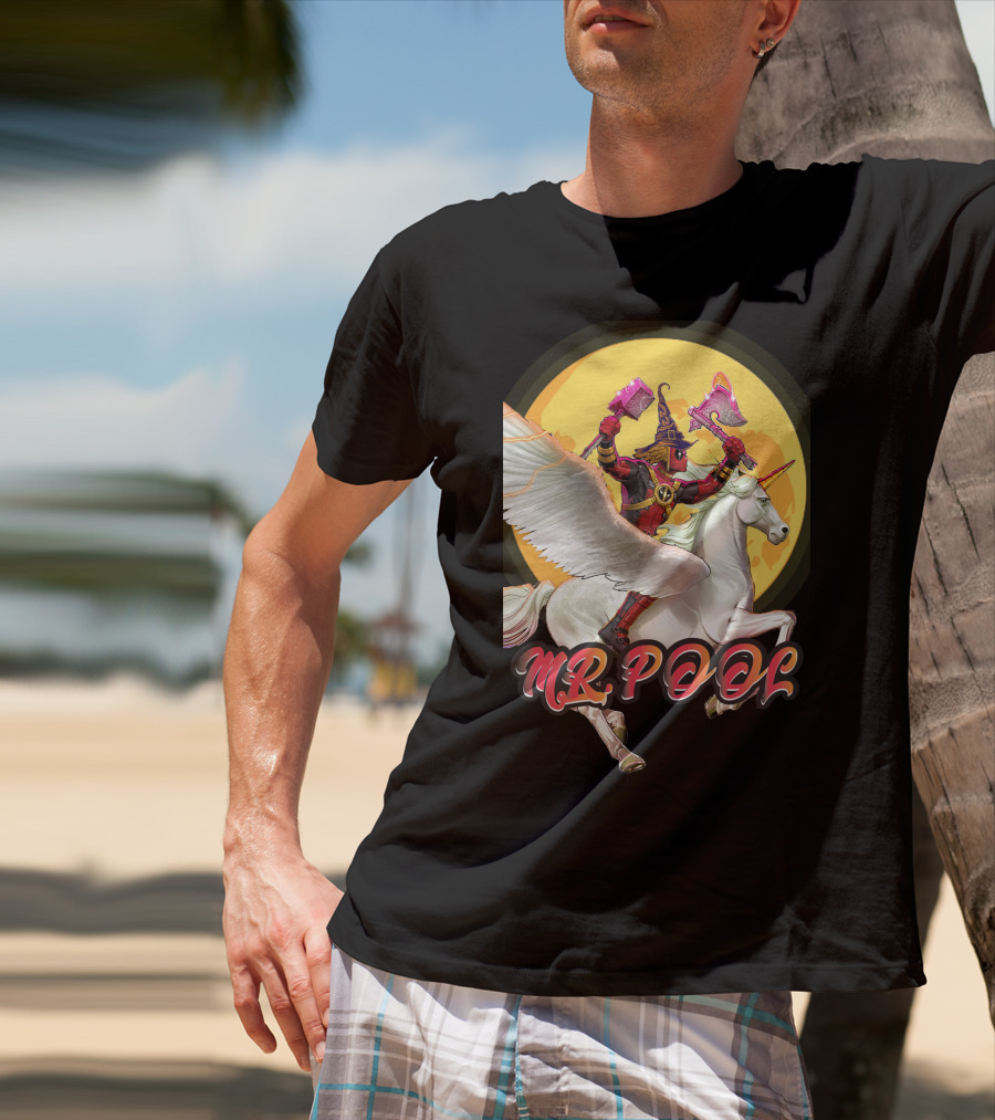 MR POOL Wizard On Unicorn With Pink Axes T-Shirt