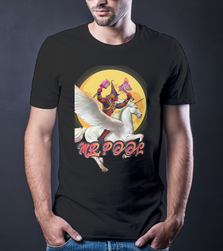 MR POOL Wizard On Unicorn With Pink Axes T-Shirt