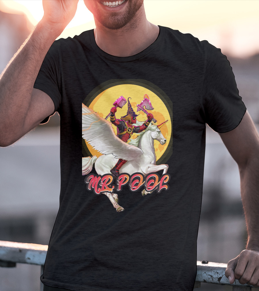 MR POOL Wizard On Unicorn With Pink Axes T-Shirt