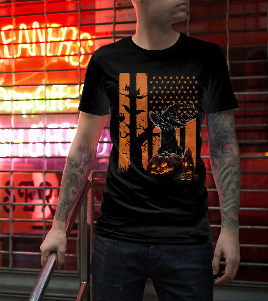 Halloween Black Cat Witch Hat Jack-O'-Lanterns And Stars On Orange Stripes T-Shirt