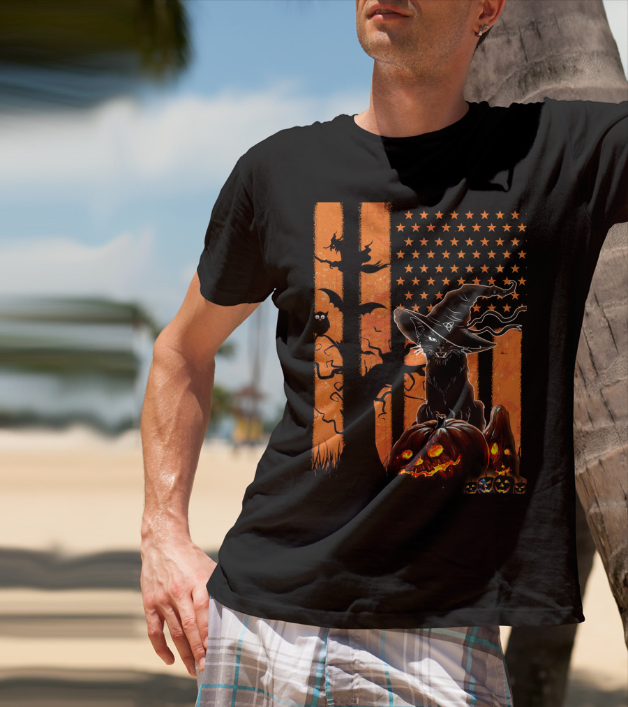 Halloween Black Cat Witch Hat Jack-O'-Lanterns And Stars On Orange Stripes T-Shirt