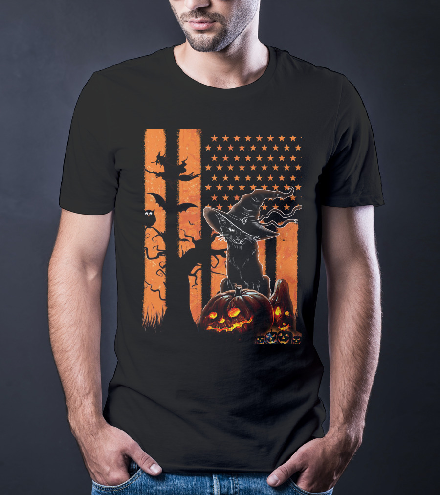 Halloween Black Cat Witch Hat Jack-O'-Lanterns And Stars On Orange Stripes T-Shirt