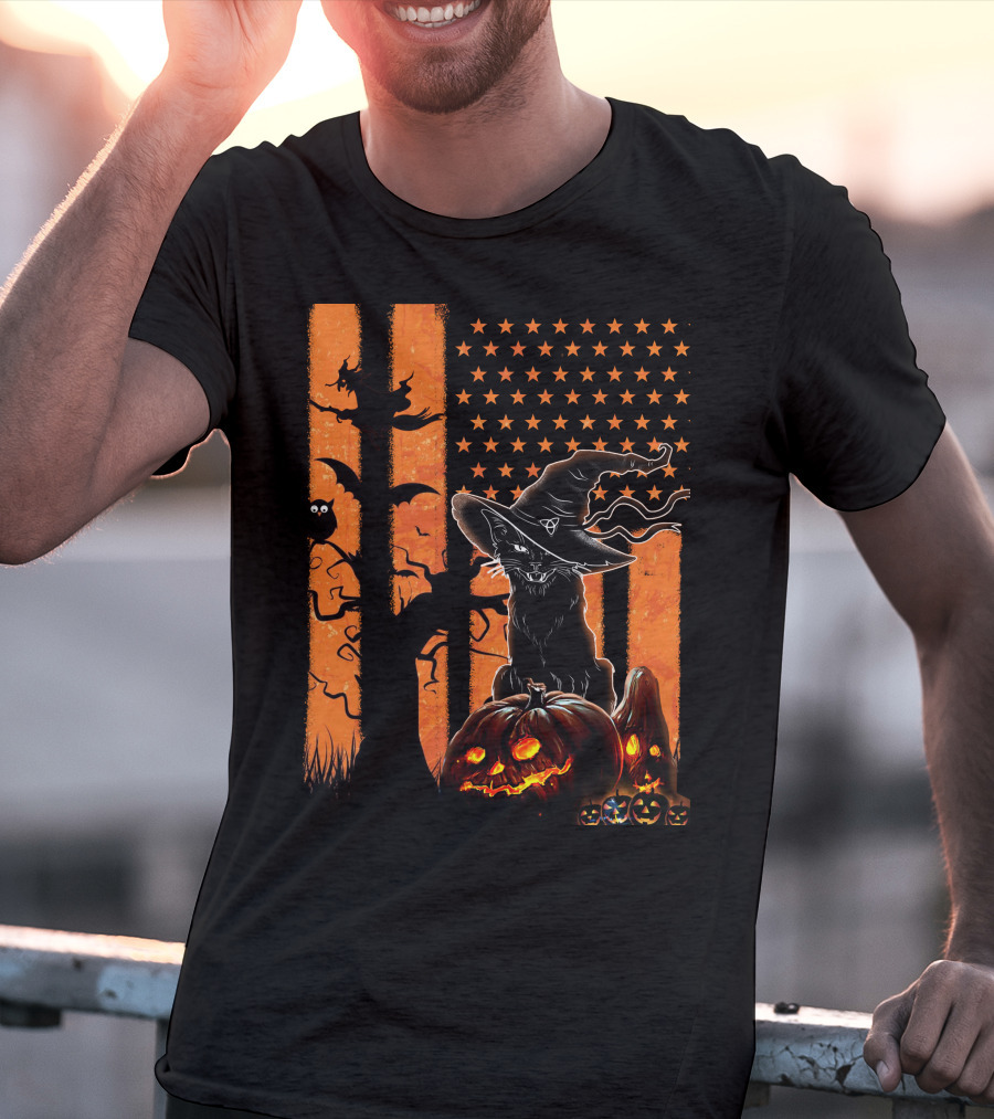 Halloween Black Cat Witch Hat Jack-O'-Lanterns And Stars On Orange Stripes T-Shirt