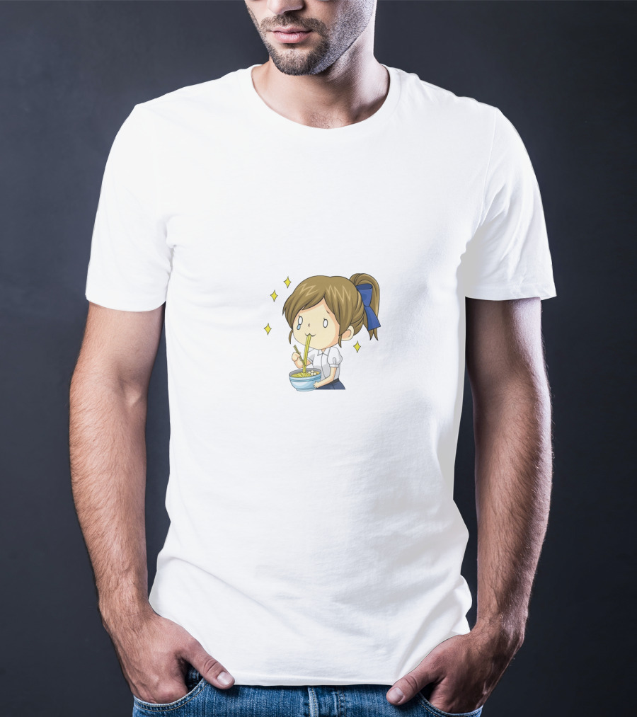 Onlywonderful Anime Girl Eating Ramen With Blue Bow And Sparkles T-Shirt