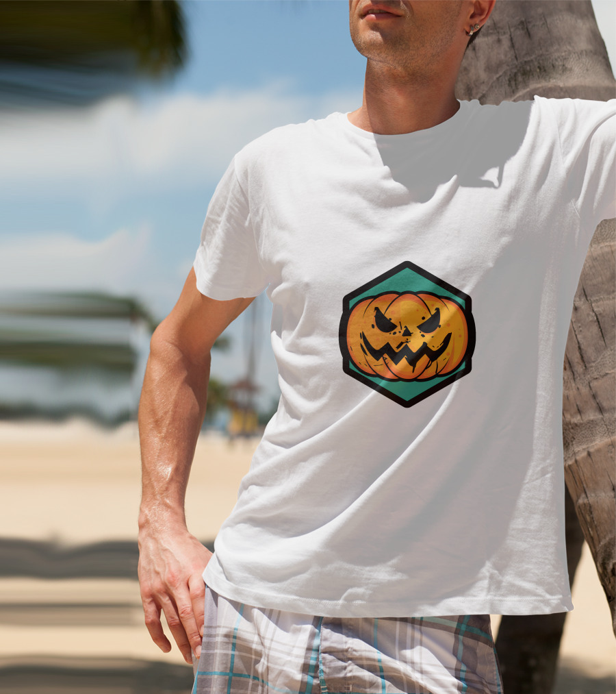 Jack-O'-Lantern Pumpkin Face Hexagon Badge T-Shirt