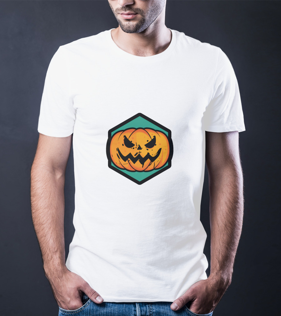 Jack-O'-Lantern Pumpkin Face Hexagon Badge T-Shirt