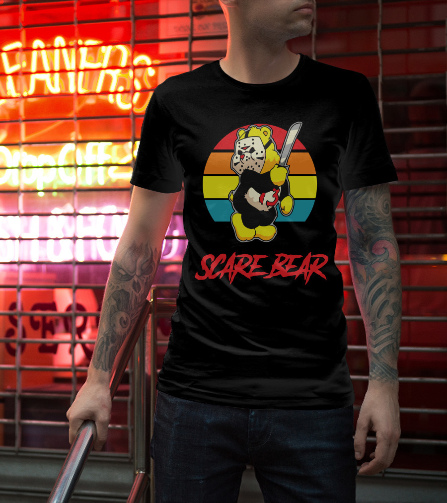Scare Bear Slasher Retro Rainbow Bear With Mask And Knife T-Shirt