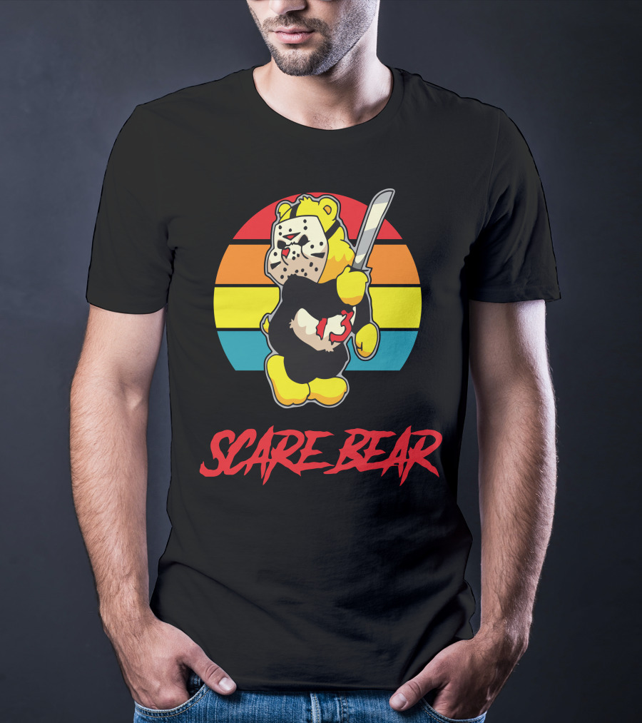 Scare Bear Slasher Retro Rainbow Bear With Mask And Knife T-Shirt
