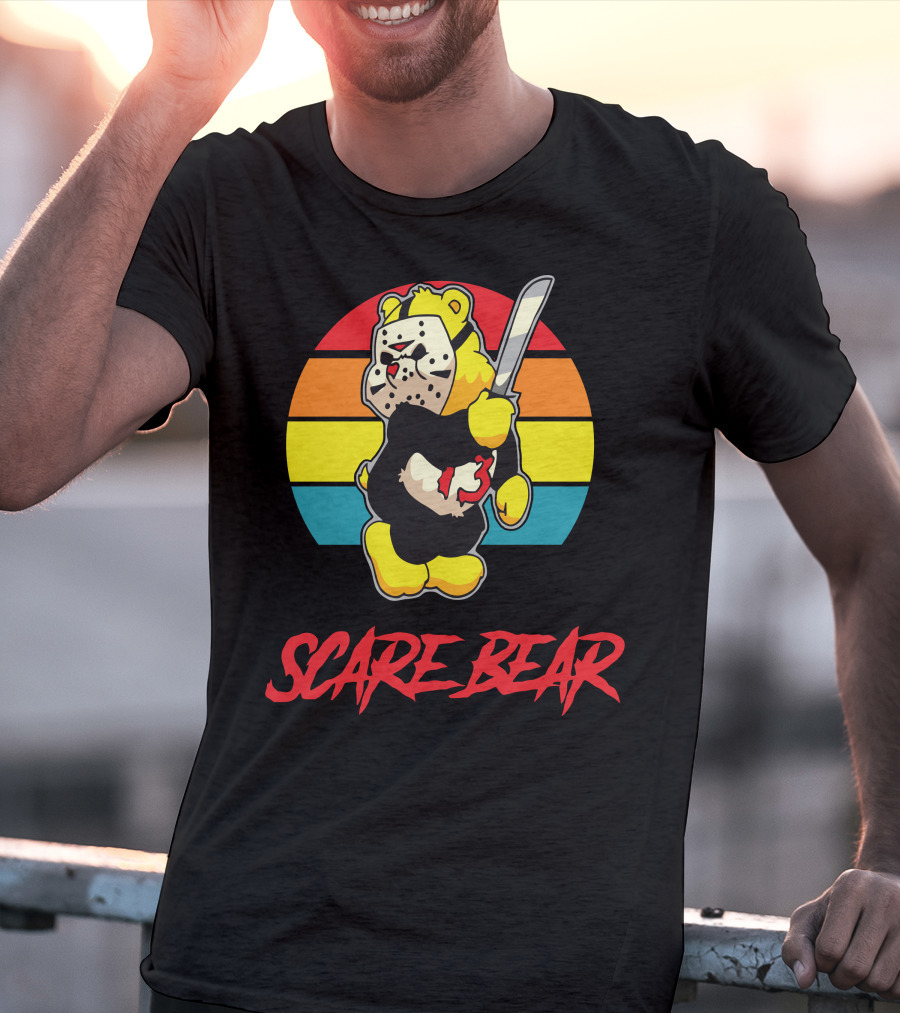 Scare Bear Slasher Retro Rainbow Bear With Mask And Knife T-Shirt