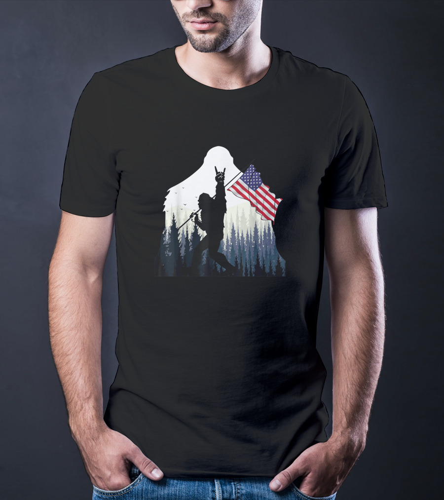 Bigfoot Silhouette With USA Flag And Rock And Roll Pose In Forest T-Shirt