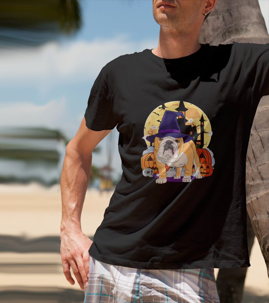 English Bulldog Witch Hat Halloween Pumpkins And Haunted House T-Shirt