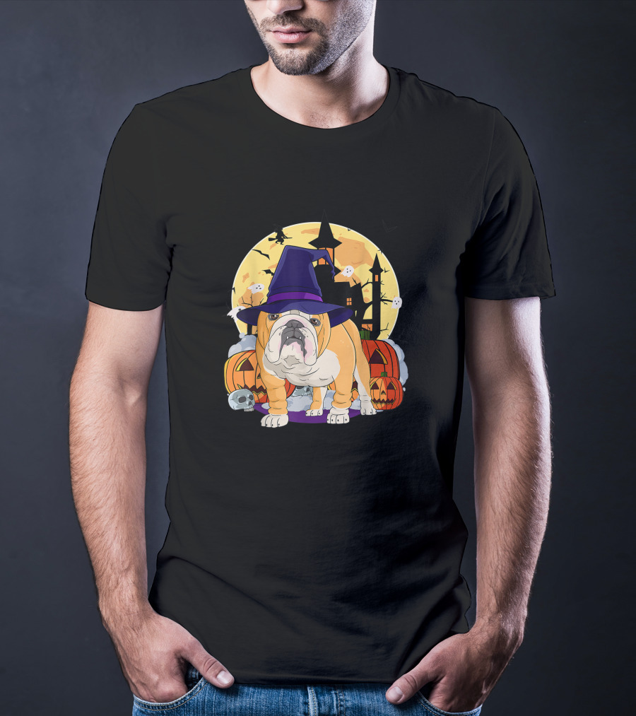English Bulldog Witch Hat Halloween Pumpkins And Haunted House T-Shirt