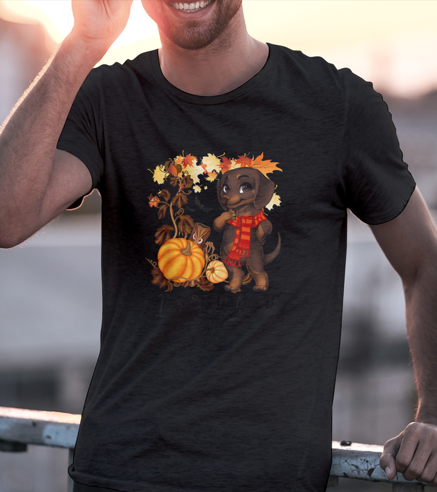 It's Fall Y'all Dachshund With Pumpkins And Autumn Leaves T-Shirt