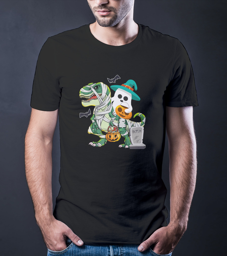 Ghostly Mummy Dinosaur With Pumpkin Candy And Oct 31 Tombstone T-Shirt