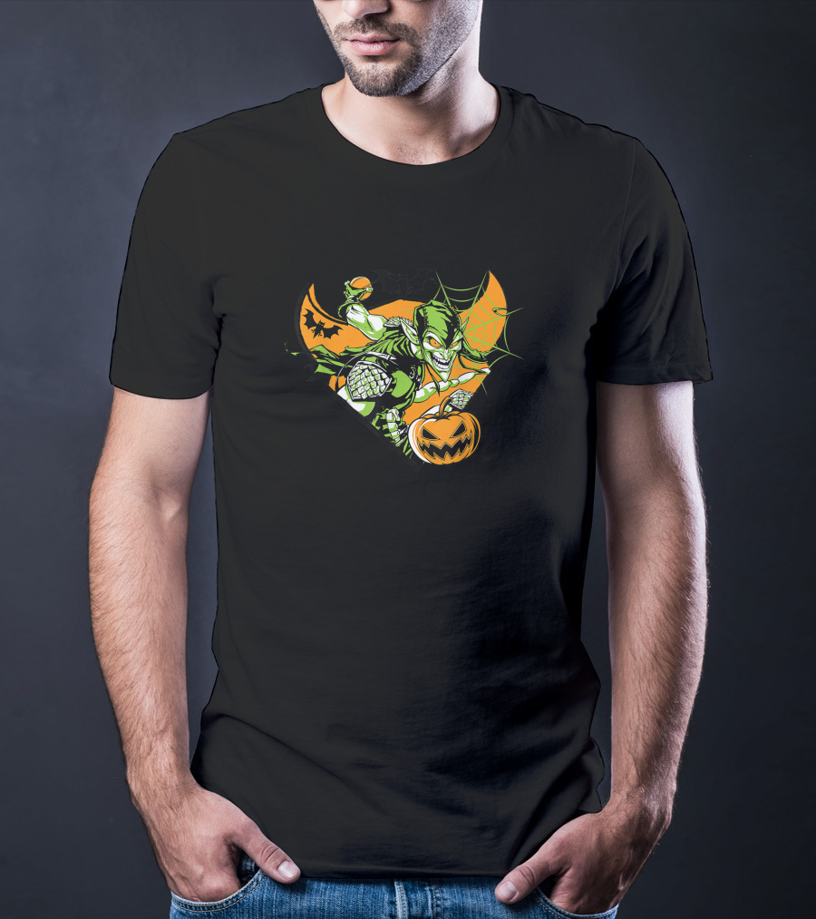 Marvel Green Goblin Pumpkin Bomb Halloween Bats Iconic Villain Orange Web T-Shirt