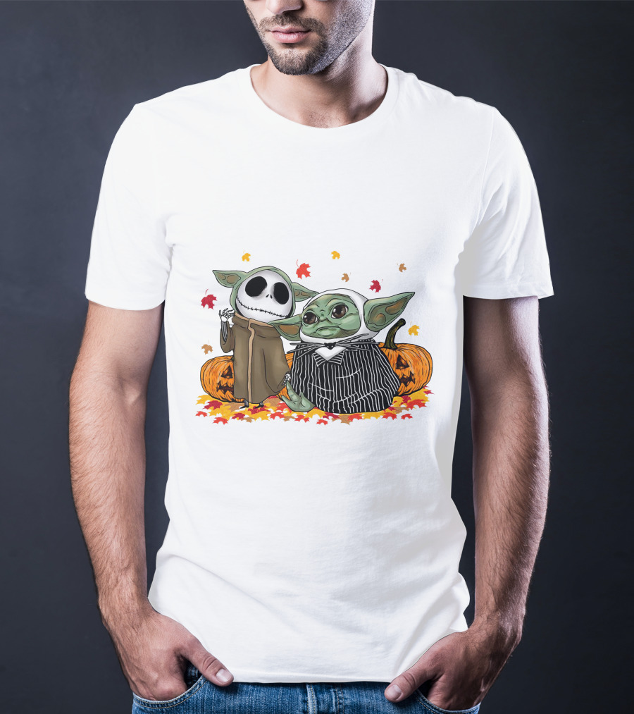 Baby Yoda And Jack Skellington In Halloween Pumpkin Scene T-Shirt
