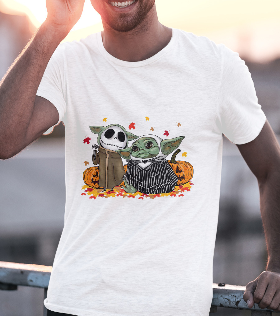 Baby Yoda And Jack Skellington In Halloween Pumpkin Scene T-Shirt