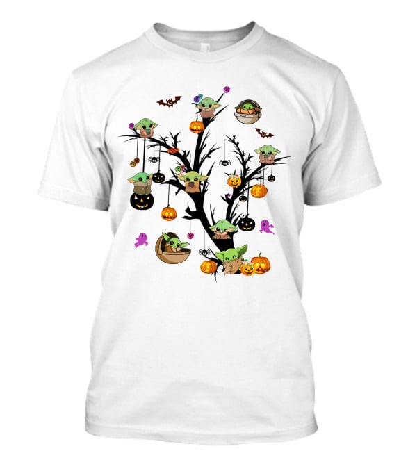 Spooky Halloween Baby Yoda Tree With Pumpkins And Bats T-Shirt