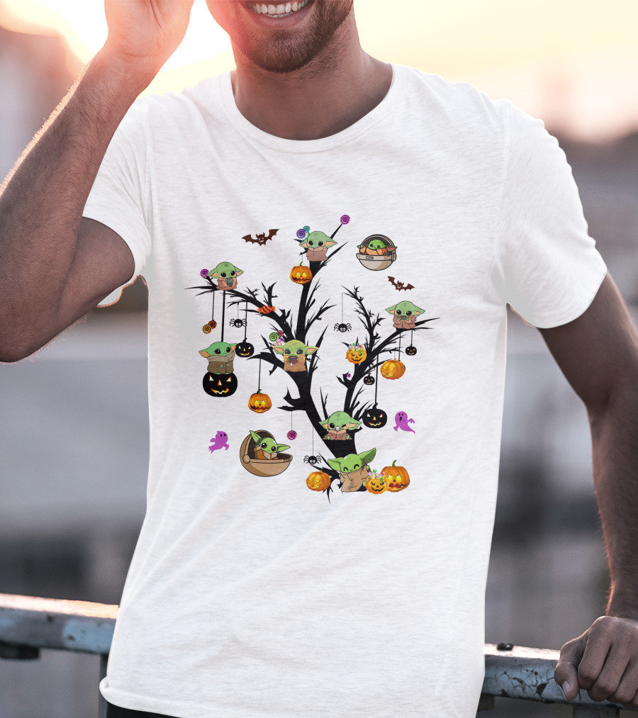 Spooky Halloween Baby Yoda Tree With Pumpkins And Bats T-Shirt
