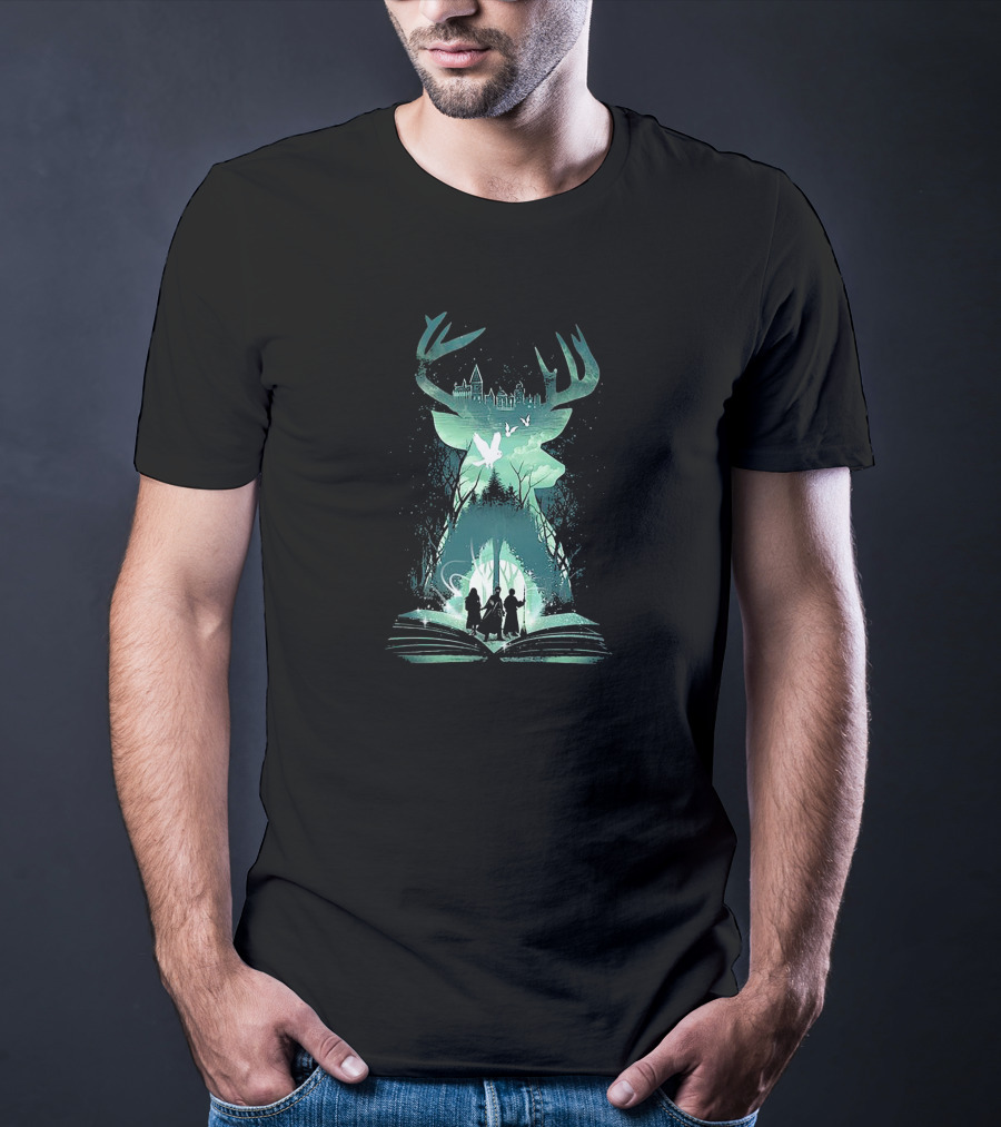 Witchcraft And Wizardry Magical Stag With Castle Silhouette And Book Portal T-Shirt