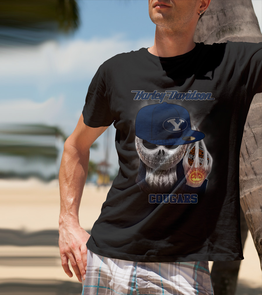 Harley Davidson Cougars Skull Wearing Byu Hat With Pumpkin And Logo Elements T-Shirt