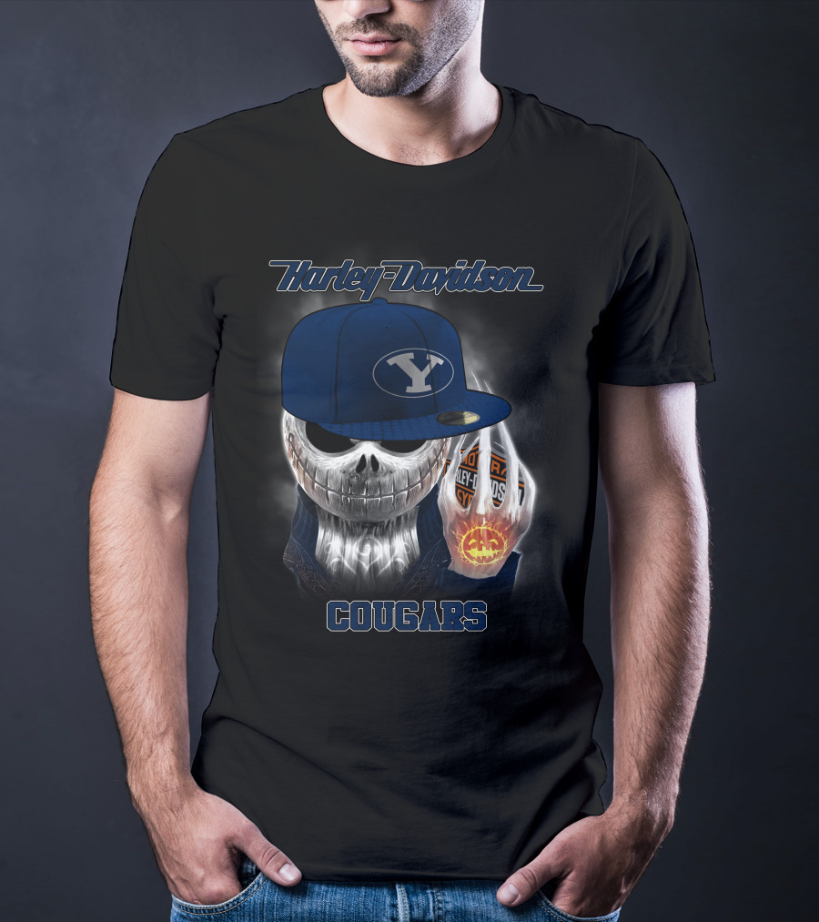 Harley Davidson Cougars Skull Wearing Byu Hat With Pumpkin And Logo Elements T-Shirt