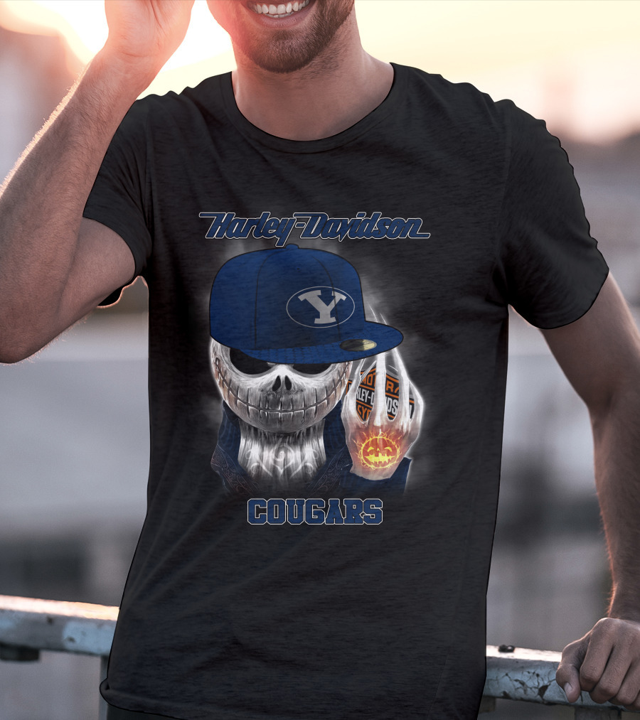 Harley Davidson Cougars Skull Wearing Byu Hat With Pumpkin And Logo Elements T-Shirt