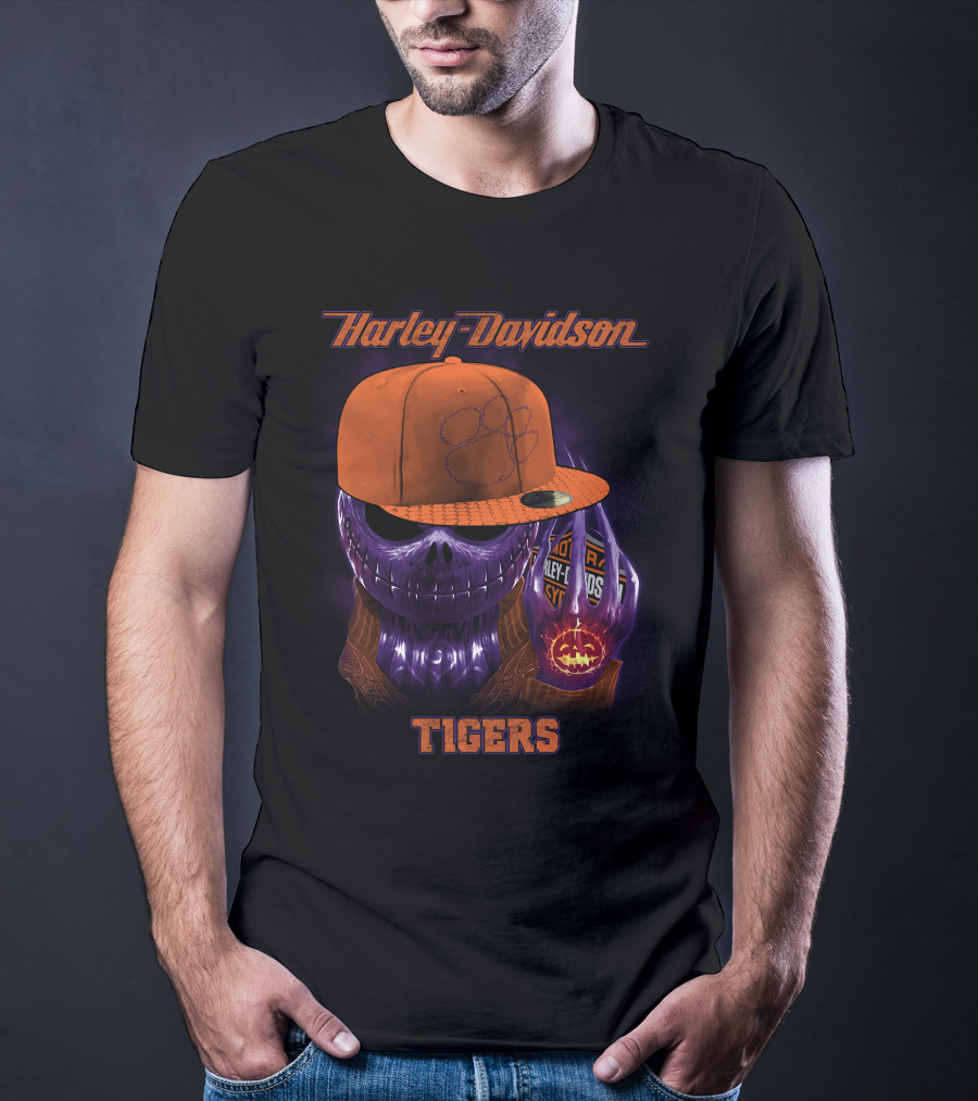 Harley Davidson Tigers Skull In Clemson Cap T-Shirt