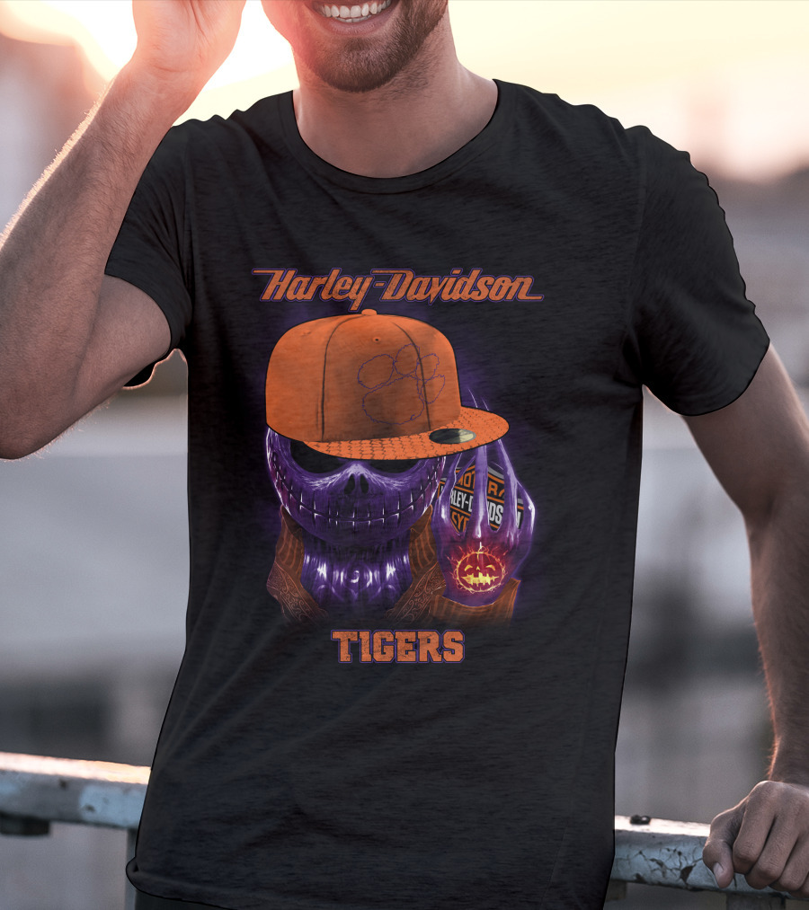 Harley Davidson Tigers Skull In Clemson Cap T-Shirt